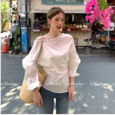 批发重工 香肩衬衣春夏新款气质高级感修身上衣钉珠<b class='q'>花朵</b>斜肩衬衫