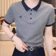 批发气质灰色翻领正肩短袖T恤女夏季新款设计感Polo领拼色<b class='q'>体恤衫</b>上衣