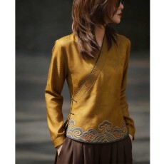 批发新中式国风V领长袖上衣2026年春季新款黄色气质显瘦减龄衬衫女装