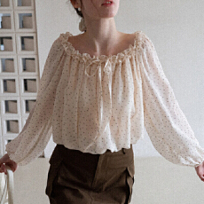 批发法式木耳边花苞波点雪纺衫春季设计感小众气质显瘦短款上衣