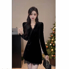 批发YUANLIANSU/圆脸酥心纯似羽气质收腰交叉V领蕾丝边<b class='q'>丝绒</b><b class='q'>连衣裙</b>