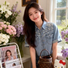 批发春夏新款韩版时尚<b class='q'>百搭</b>重工钉珠牛仔短袖上衣深浅两色