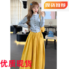 批发2026新款蓝色<b class='q'>针织</b><b class='q'>开衫</b>半身裙早春漂亮套装韩系一整套ootd穿搭长裙