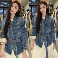 批发美式复古收腰系带牛仔外套女春季新款设计感<b class='q'>百搭</b>正肩短款夹克上衣
