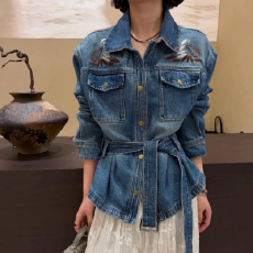 批发重工手工刺绣牛仔外套女2026春新款翻领系带收腰显瘦<b class='q'>百搭</b>夹克上衣