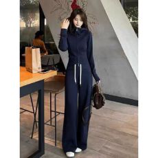 批发藏蓝色休闲运动套装女春秋高级感时尚洋气显瘦卫衣阔腿裤两件套潮