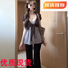 批发辣妹咖色绑带v领短袖针织开衫女夏季<b class='q'>套装</b>内搭吊带背心上衣两件套