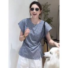 批发港风系带收腰格子<b class='q'>短袖</b><b class='q'>衬衫</b>女夏装新款洋气时尚百搭显瘦高级感上衣