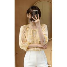 批发法式温柔风圆领<b class='q'>七分袖</b>印花衬衫女通勤宽松高级感上衣2026夏季新款