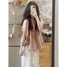 批发法式粉色短袖<b class='q'>雪纺</b>衬衫女夏季2026新款小衫高级感泡泡袖娃娃衫上衣