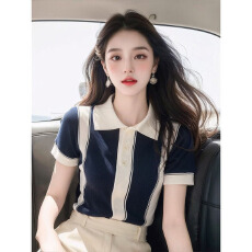 批发<b class='q'>大码</b>胖mm夏季冰线<b class='q'>针织衫</b>女翻领蓝色条纹短袖T恤法式小香风上衣薄