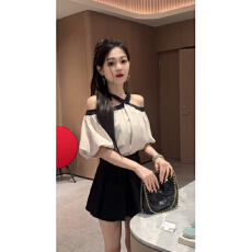 批发洋气甜美挂脖短袖衬衫女轻奢高级感2026新款爆款夏季露肩<b class='q'>雪纺</b><b class='q'>上衣</b>