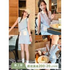 批发thepeachofficial海盐薄荷蓝白条纹针织套装女polo领<b class='q'>无袖</b>背心半裙