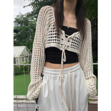 批发镂空系带短款显瘦套头<b class='q'>针织衫</b>女2024春秋新款韩版百搭修身心机上衣