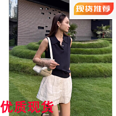 批发靠谱KEEP KAPU 莱赛尔天丝亚麻藏青色凉感polo领<b class='q'>无袖</b>背心<b class='q'>上衣</b>女夏