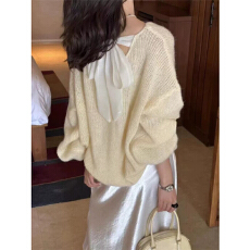 批发韩版简约温柔风薄款<b class='q'>宽松</b>后绑带蝴蝶结<b class='q'>针织衫</b>女2025春夏时尚上衣