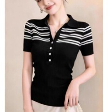 批发韩系条纹半开领白色短袖t恤女夏季新款设计感小众<b class='q'>针织</b><b class='q'>衫</b>上衣