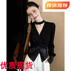 批发韩版新款潮流时尚百搭洋气时髦款黑色<b class='q'>衬衫</b>女2026早春v领收腰开衫