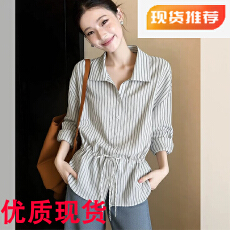 批发韩系设计感棉麻抽绳收腰条纹衬衫女春简约百搭气质百搭宽松上衣