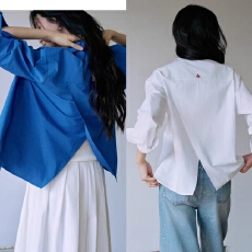 批发出海日”后开衩双色刺绣经典衬衫女春季<b class='q'>纯棉</b>宽松上衣