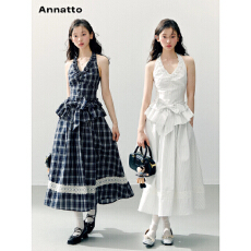 批发ANNATTO 仲夏夜 原创蝴蝶结挂脖荷叶边上衣蕾丝裙摆蓬感半<b class='q'>裙套装</b>