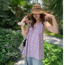 批发半夏风铃 <b class='q'>紫色</b>碎花无袖背心上衣中长款<b class='q'>连衣裙</b>女叠穿