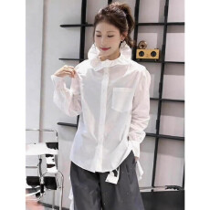 批发<b class='q'>白色</b>荷叶边系带<b class='q'>衬衫</b>春季巨好看高端精致又a又飒宽松减龄单穿上衣