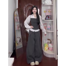 批发Ariseism 美式<b class='q'>格子</b>拼接假两件长袖上衣+长裤<b class='q'>套装</b>女春季新款两件套