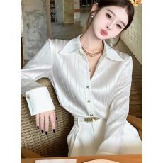 批发法式<b class='q'>白色</b>polo领条纹缎面<b class='q'>衬衣</b><b class='q'>衬衫</b>2026春秋季高级感宽松通勤上衣女