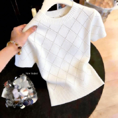 批发夏季新款高端小资时尚气质韩版洋气百搭显瘦<b class='q'>圆领</b>短袖针织<b class='q'>T</b><b class='q'>恤</b>上衣