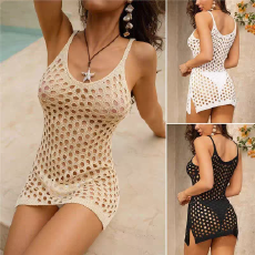 批发欧美性感V领新款吊带裙镂空透视款简约收腰包臀针织裙女<b class='q'>连衣裙</b>