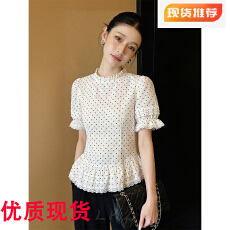 批发夏季圆领洋气白色蕾丝花边波点短袖<b class='q'>衬衫</b>女新款法式泡泡袖上衣