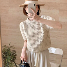 批发<b class='q'>韩国</b>东大门奶系圆领套头镂空短袖针织衫女高级感韩系减龄短款<b class='q'>上衣</b>