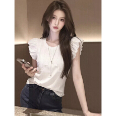 批发2026新款韩系夏季法式温柔风泡泡袖<b class='q'>白色</b>上衣女荷叶边系带休闲T恤