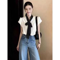 批发法式系带领泡泡袖<b class='q'>衬衫</b>2026夏季短袖复古波点飘带气质简约减龄<b class='q'>上衣</b>