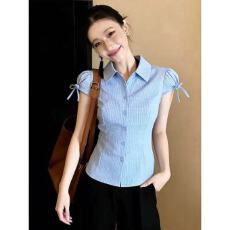 批发韩系通勤条纹开衫短袖<b class='q'>衬衫</b>2026夏季新款休闲风显白蝴蝶结系带上