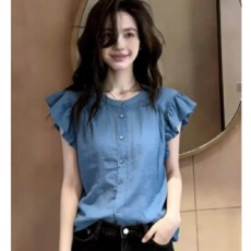 批发蓝色小飞袖<b class='q'>衬衫</b>女2026夏季新款温柔风超仙气质雪纺<b class='q'>衫</b>宽松遮肉<b class='q'>上衣</b>