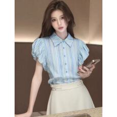 批发法式蓝色polo领条纹短袖衬衫女2026新款夏季设计感衬衣<b class='q'>泡泡袖</b><b class='q'>上衣</b>