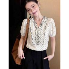 批发2026夏季新款韩版通勤风时尚气质显瘦圆点泡泡袖短袖V领<b class='q'>衬衫</b><b class='q'>上衣</b>