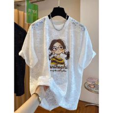 批发欧货卡通女孩<b class='q'>印花</b>蕾丝t恤女短袖2026新款宽松大码微透打底衫上衣