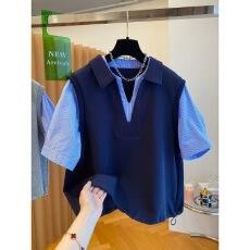 批发假两件短袖<b class='q'>t</b><b class='q'>恤</b>女2026夏季新款宽松别致洋气<b class='q'>衬衫</b>拼接POLO领<b class='q'>上衣</b>