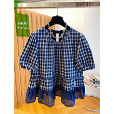 批发<b class='q'>格子</b>衬<b class='q'>衫</b>女短袖泡泡袖2026新款夏季宽松甜美减龄旺旺上荷叶边上衣