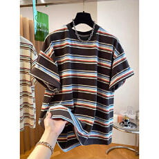 批发大码女装美式复古撞色<b class='q'>条纹</b>短袖t恤女夏季新款洋气时髦<b class='q'>打底衫</b>上衣