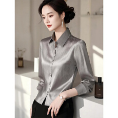 法式修身长袖polo领缎面衬衫女设计感小众春秋独特别致超好看上衣