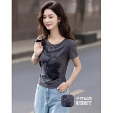 批发2026夏季气质蝴蝶印花打底衫<b class='q'>修身</b>弹力遮肉女t恤