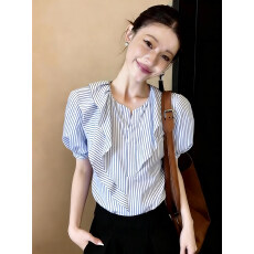 批发法式复古条纹短袖衬衫女夏季宽松设计感小众不规则高级感气质上衣