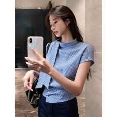 批发韩系领口绑带设计蓝色格纹上衣2026春季女新款超好看显瘦百搭小衫