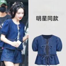批发明星代斯同款时尚百搭显瘦蝴蝶结泡泡袖宽松牛仔短袖上衣