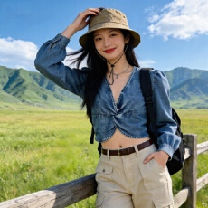 批发韩版新款殴美风性感时尚V领扭结侧边拉链泡泡袖薄款牛仔上衣