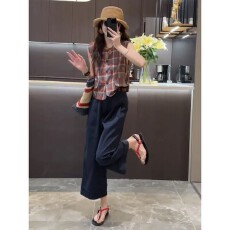 批发夏装搭配一整套彩色格子坎肩衬衫阔腿裤两件套小个子显高时尚套装